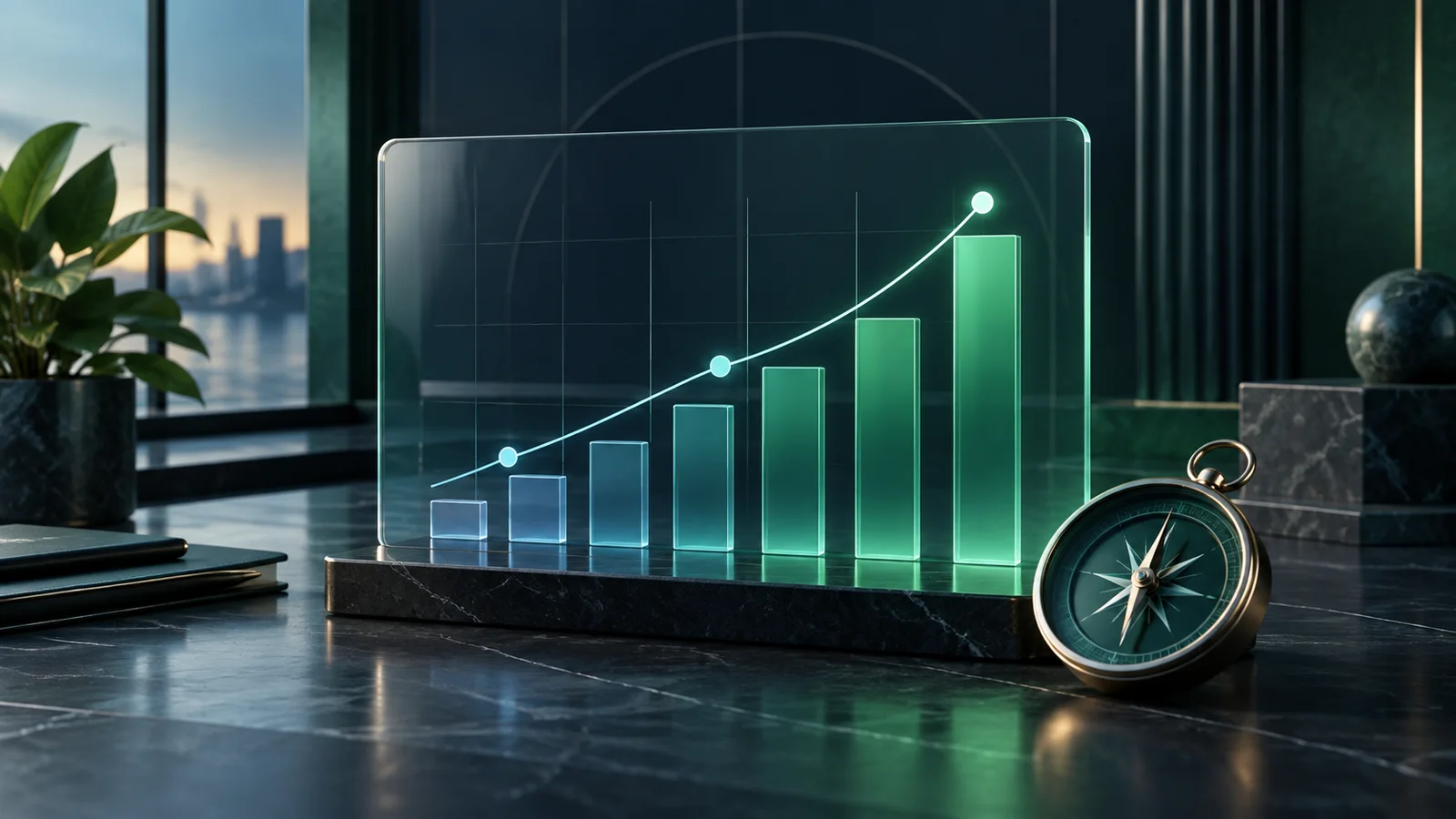 Gráfica de crecimiento y brújula para representar analítica de negocios