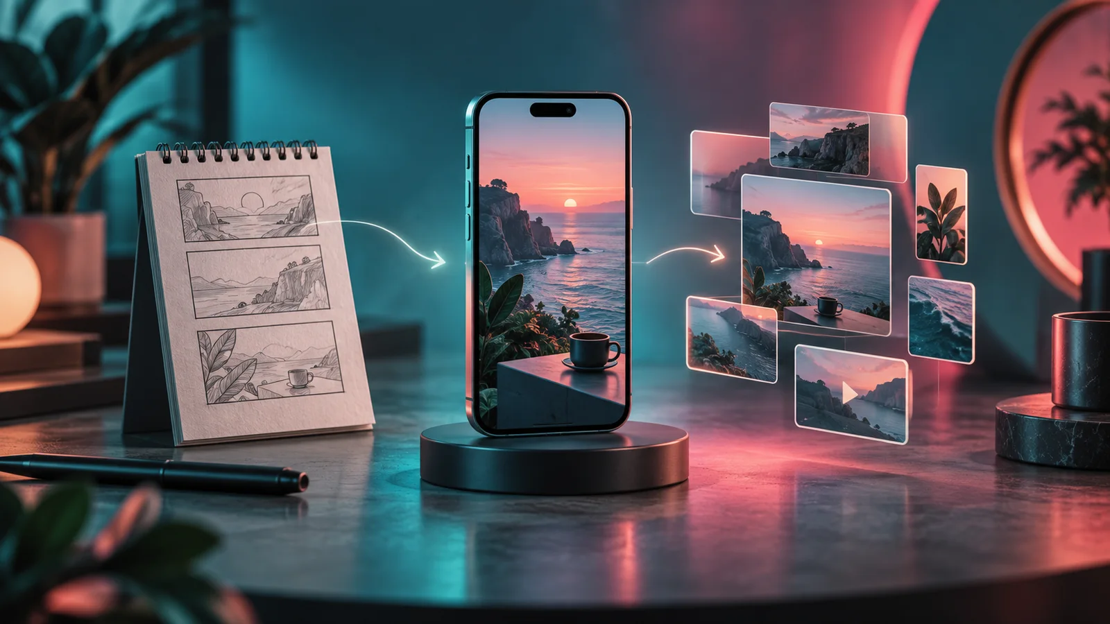 Teléfono, storyboard y piezas visuales para crear contenido digital