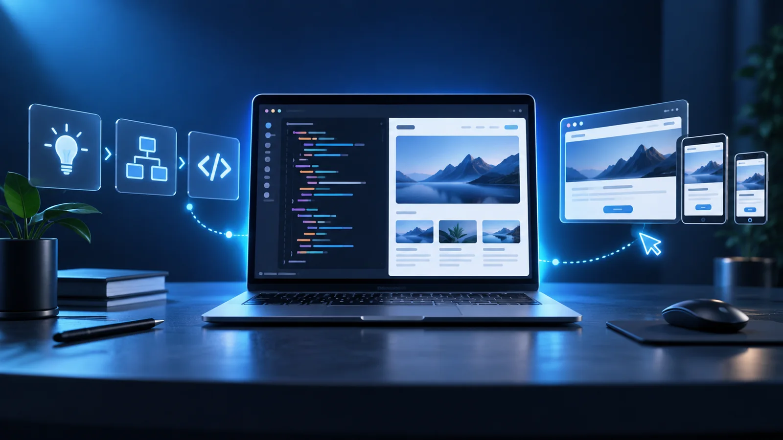 Laptop con código y módulos de una aplicación web